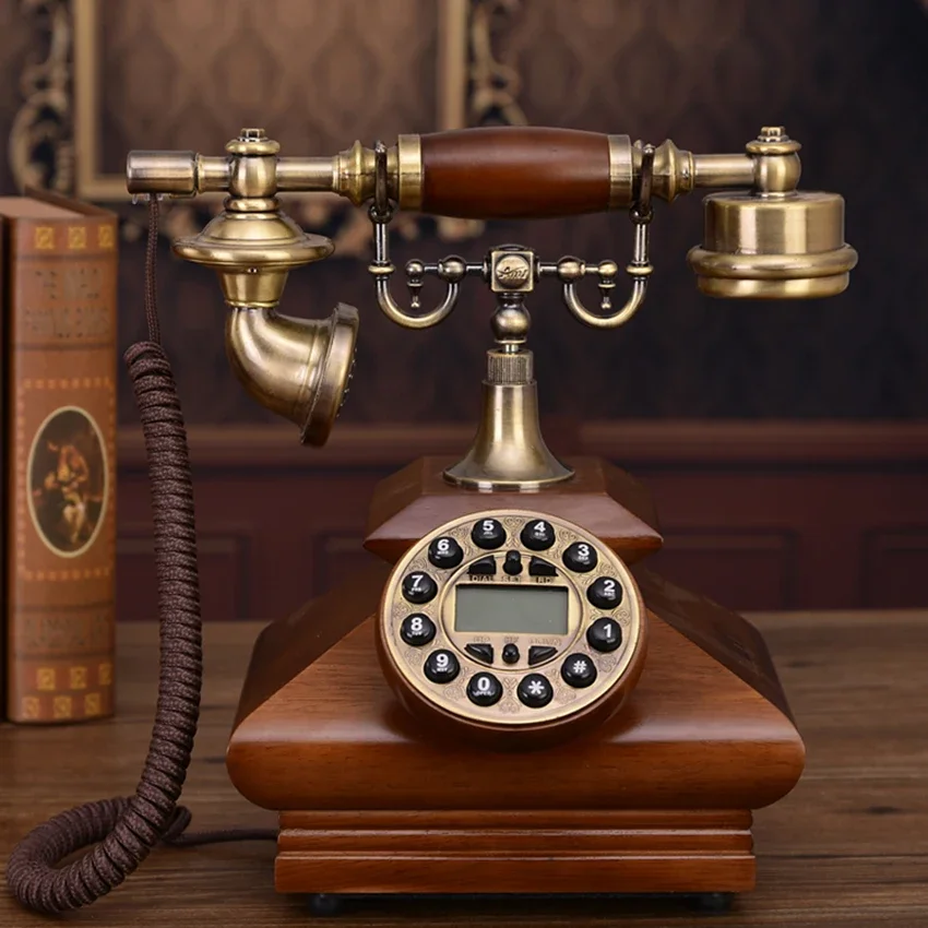 European-style Antique Retro Telephone Solid Wood Landline Decoration, Button Dial with Caller ID, Backlit Handsfree Calling