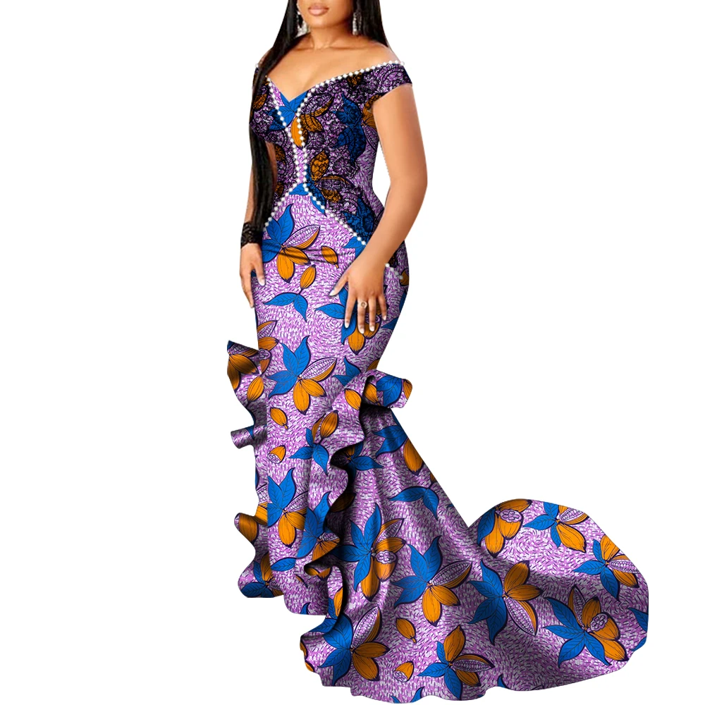 Bintarealwax African Dresses for Women Long Maxi Dresses Elegant Off Shoulder Big Hem Evening Dress Party Vestidos WY8516