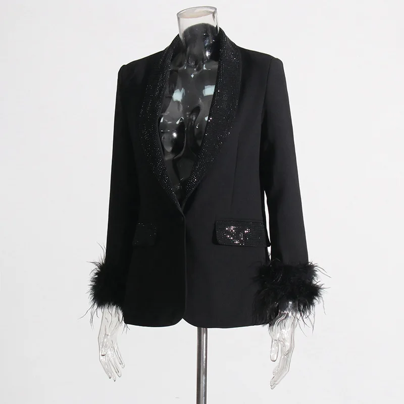 HKSH Spring Autumn New Women Blazer Turn-down Collar Studded Diamonds Single Button Cuff Spliced Feather Luxury Ins Coat HK16316