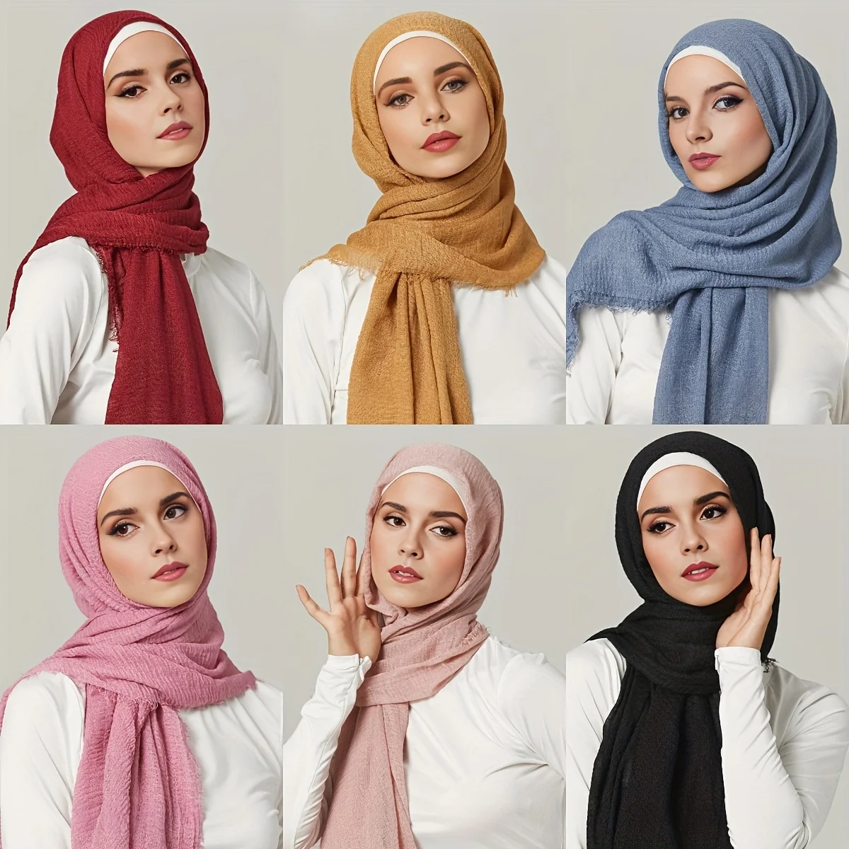 Solid Color Crinkle Women Hijab Bandana Frayed Edge Shawl Elegant Head Wrap Scarves Casual Sunscreen Travel Beach Towel