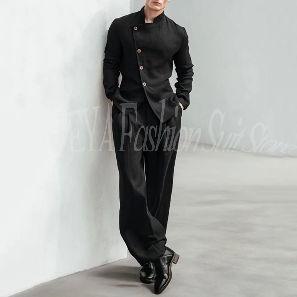 

2026 Summer New Arrive Elegant Men 2 Pieces Linen Suit Single Breasted Blazer With Wide Leg Pants Formal Wedding Party Outfit