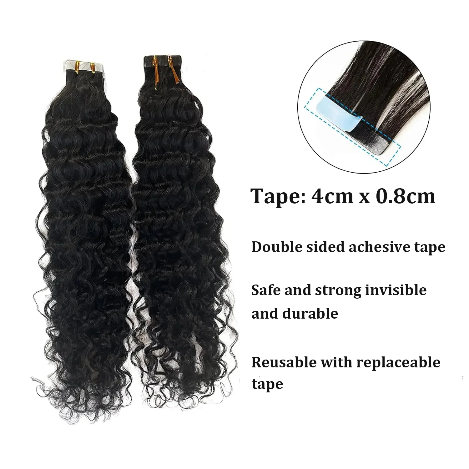 شريط مجعد عميق في وصلات الشعر شعر بشري برازيلي 100% شريط لاصق مموج مائي في وصلات شعر طبيعي أسود للنساء #2