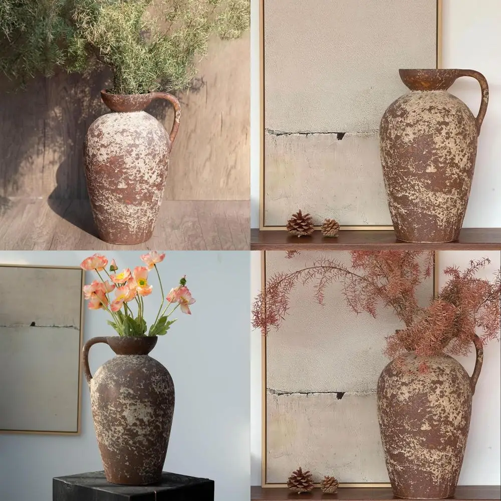 

Антикварная терракотовая ваза с ручкой, 14,2 дюйма, большая кувшинка ручной работы в деревенском стиле для винтажного домашнего декора