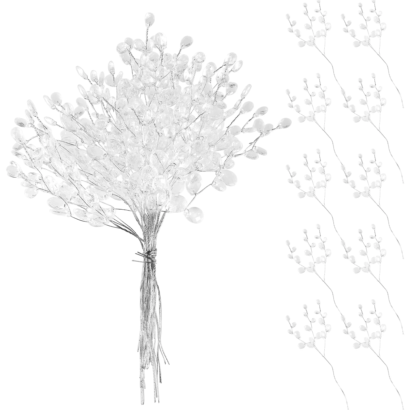 

50 Stems 16Cm White Acrylic Bead Drops Flower Branches Flexible Decorative Picks for Bridal Bouquet Craft Projects