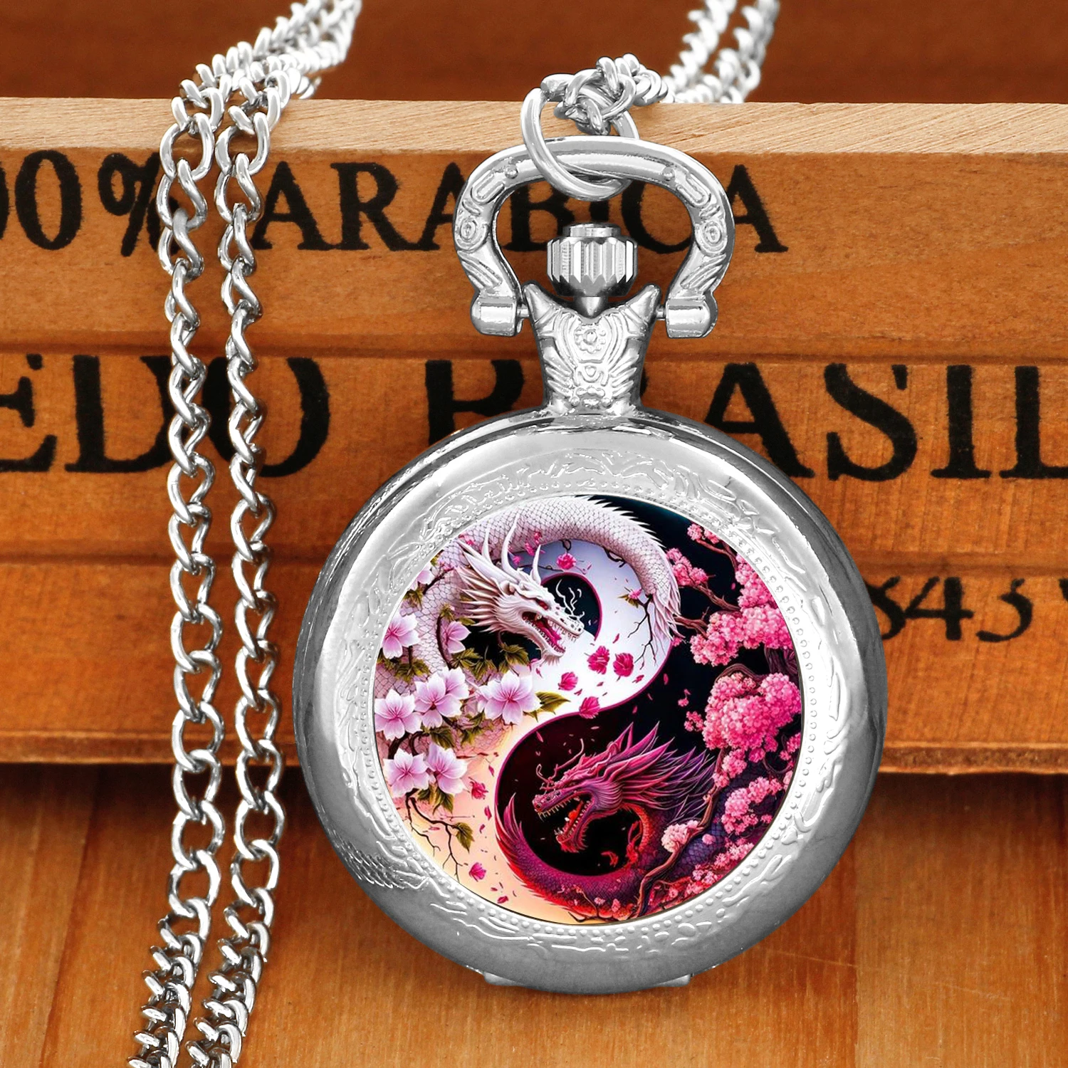 Squisito orologio da tasca al quarzo con motivo drago Yin e Yang, collana con ciondolo, display analogico per donne, uomini, bambini, orologio unico
