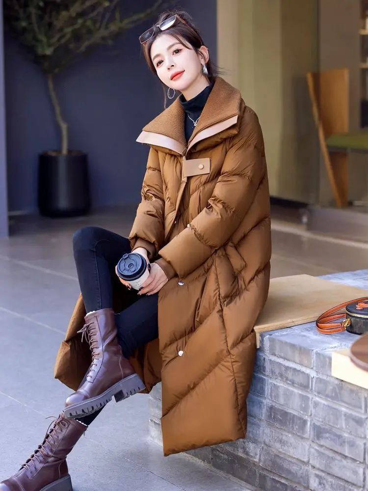 Temperament Grote reverskraag Witte eendendons Donsjack Dames Winter Nieuwe gebreide splitsen Over de knielengte Dikke jas