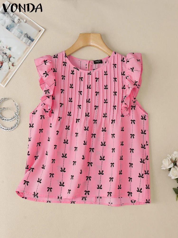 VONDA Women Blouses Fashion Ruffles Blusas Summer Bow Print Shirt Streetwear Party Tops Oversize Loose Tunic S-3XL