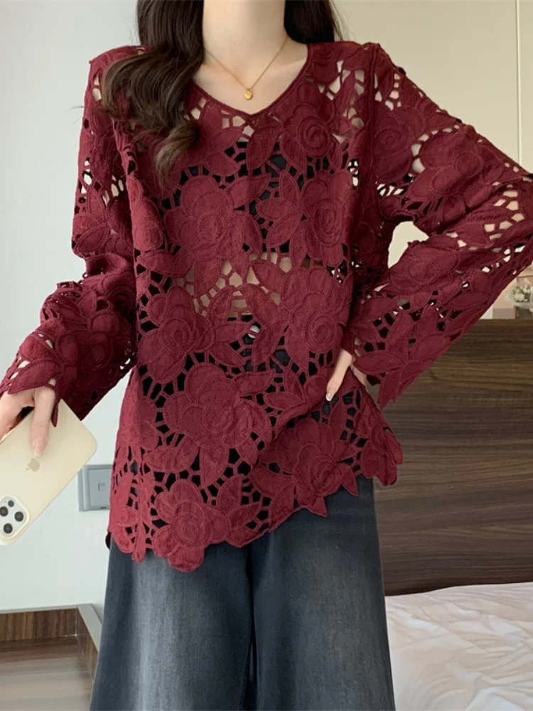 

Hollow lace Long Sleeve Crochet Top Embroidery Daisy Beach Bikini Cover Up Crop Pullover Blouse Women Vacation Boho Blouse