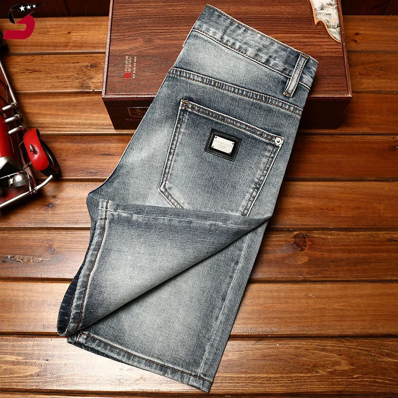 2024Summer Youth High-End Denim Shorts Men's Fashion Brand Blue Retro Nostalgic  Stretch Slim Cropped Pants