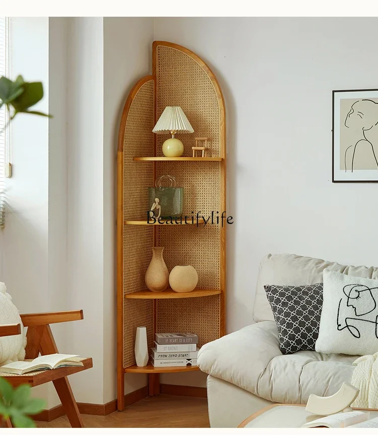 Nordic Japanese Solid Wood 90 Degree Corner Cabinet Rattan Corner Right Angle Corner Shelf