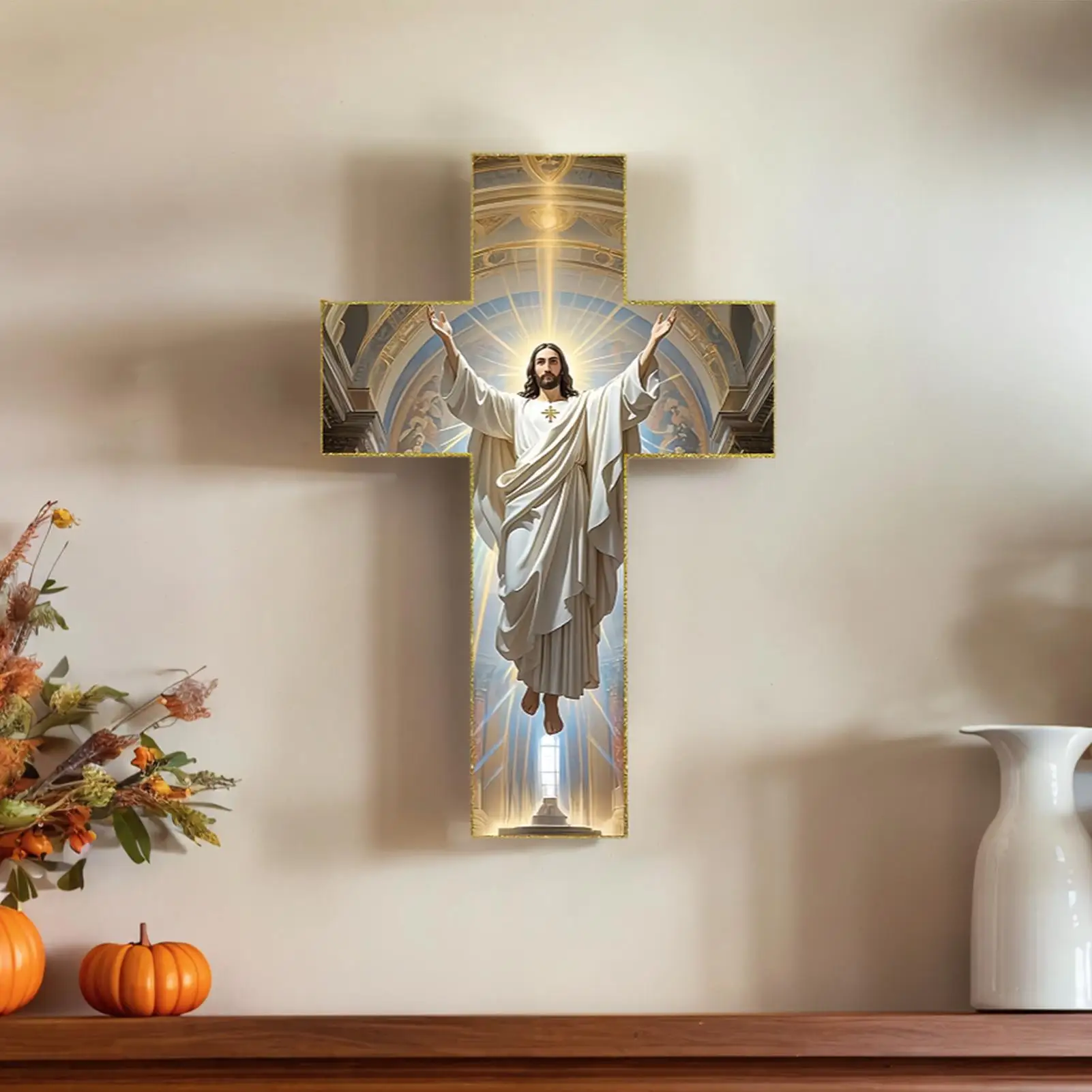 Wall Cross Wooden Jesus Vintage Home Decor Retro Blessed Church Hanger Decoration for Christmas Entryway Hallway Bedroom Office