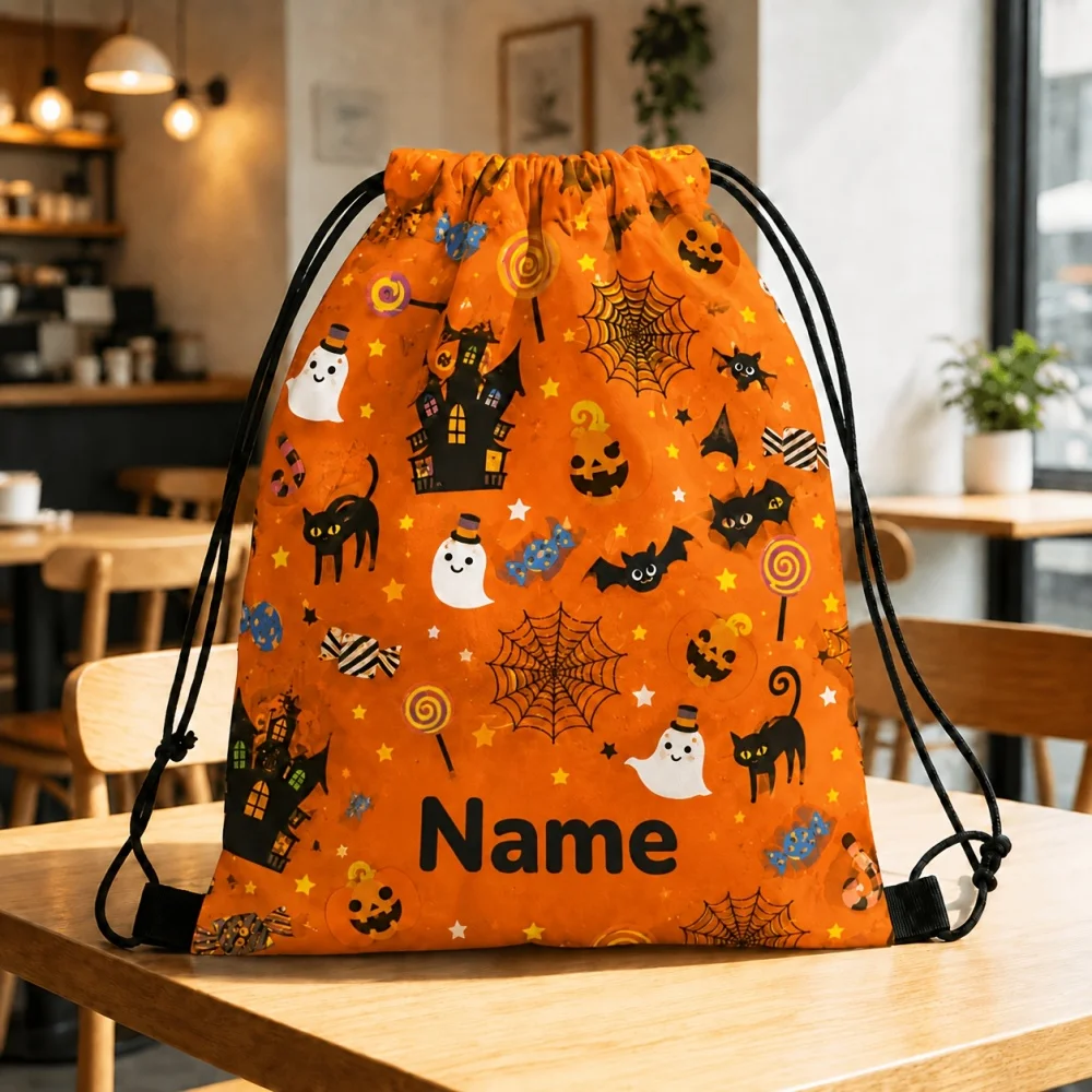 1Pc Custom Name/Text Halloween Theme Drawstring Backpack,Lightweight Storage Bag,Halloween Party Gift Packaging,Festive Backpack