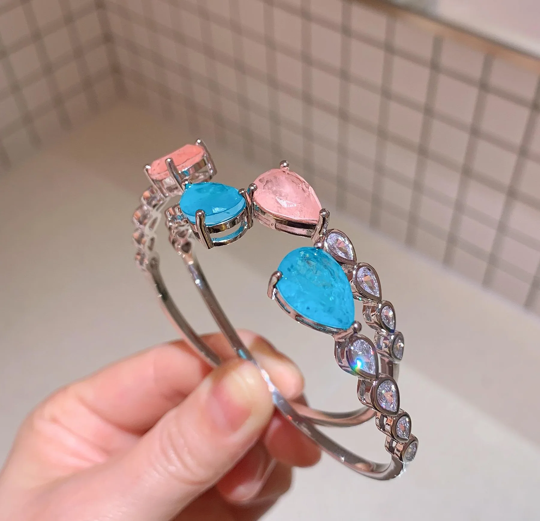 Retro Bracelet Pink Crystal Paraba Main Stone 10*18mm Water Droplet Heart Shaped for Women's Jewelry Birthday Dress Accessory
