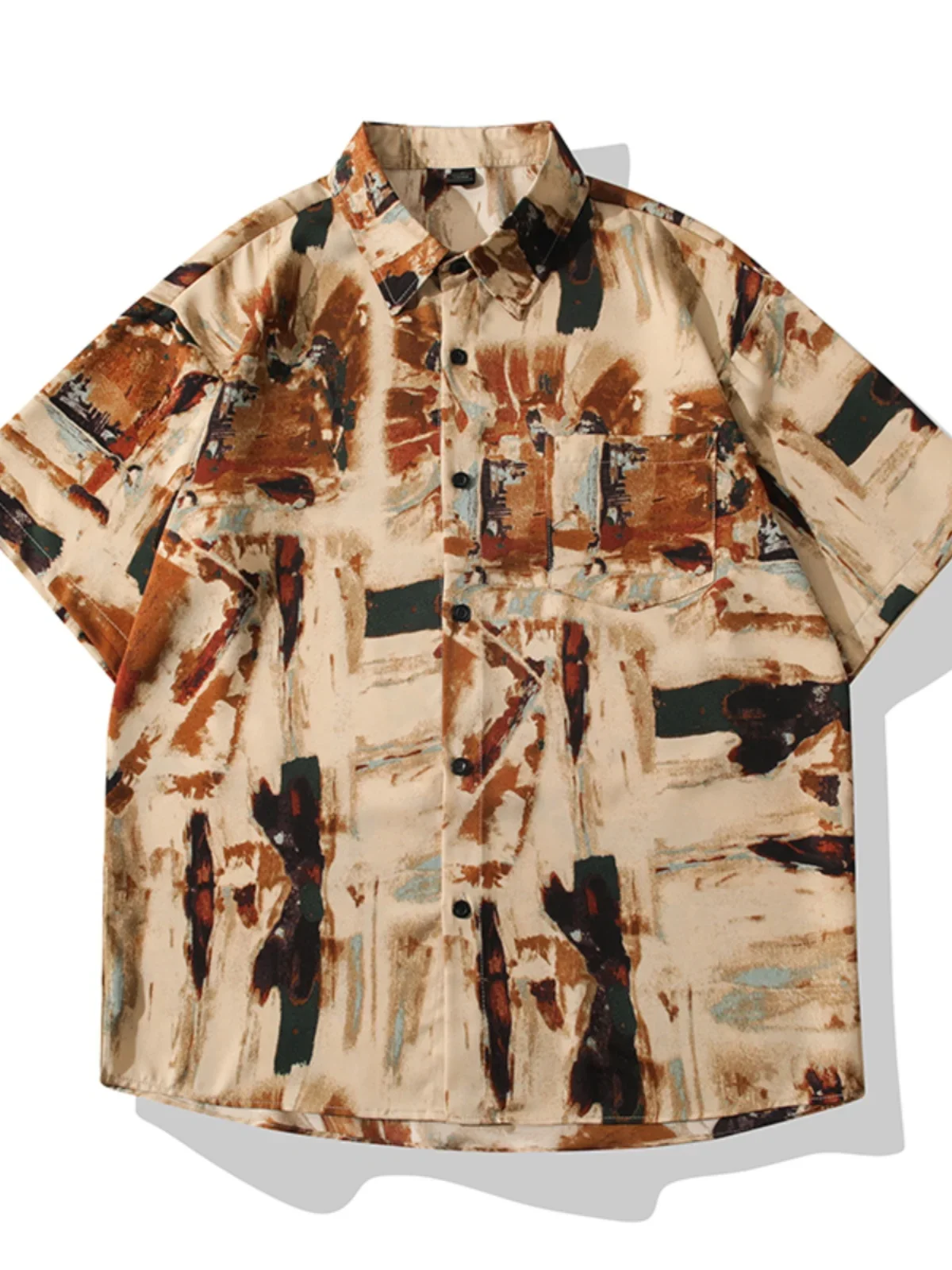 

Hong Kong Style Retro Oil Painting Printed Shirt Men's Summer Ice Silk Cool Loose Casual Short-sleeve Shirt Fashion Male Clothes