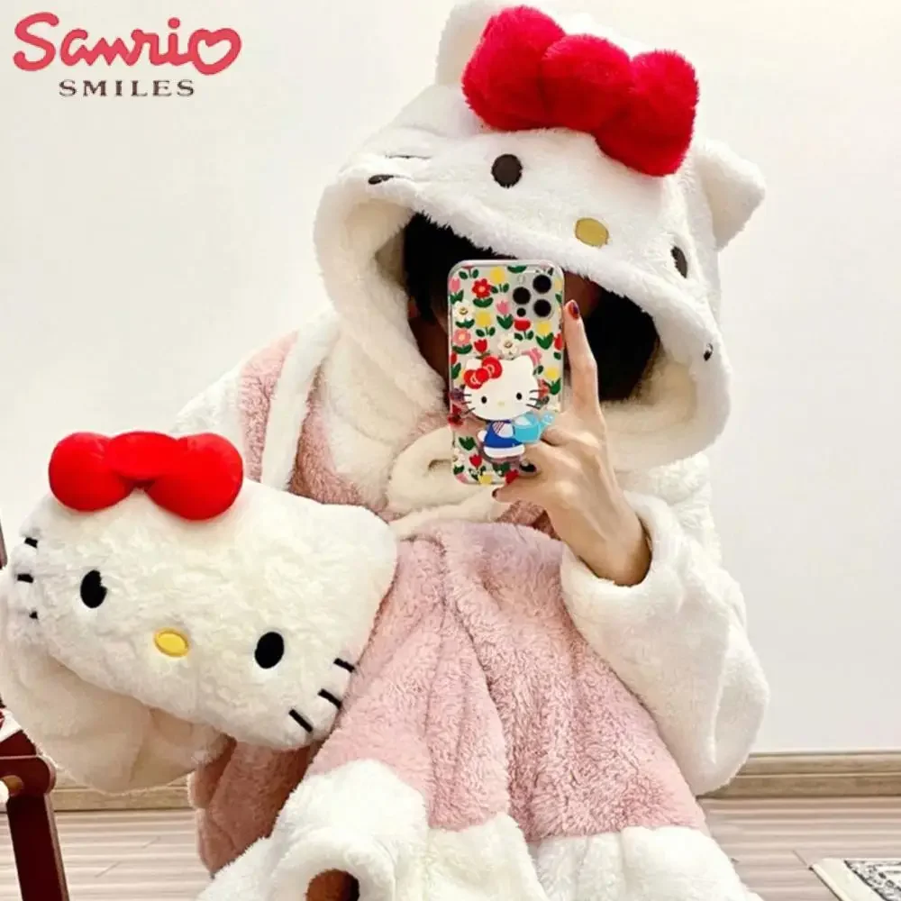 Kawaii Sanrio Hello Kitty Stuff Women\'s Nightgown Suit Anime Thickened Warm Coral Velvet Pajamas Girly Autumn Winter Homewear