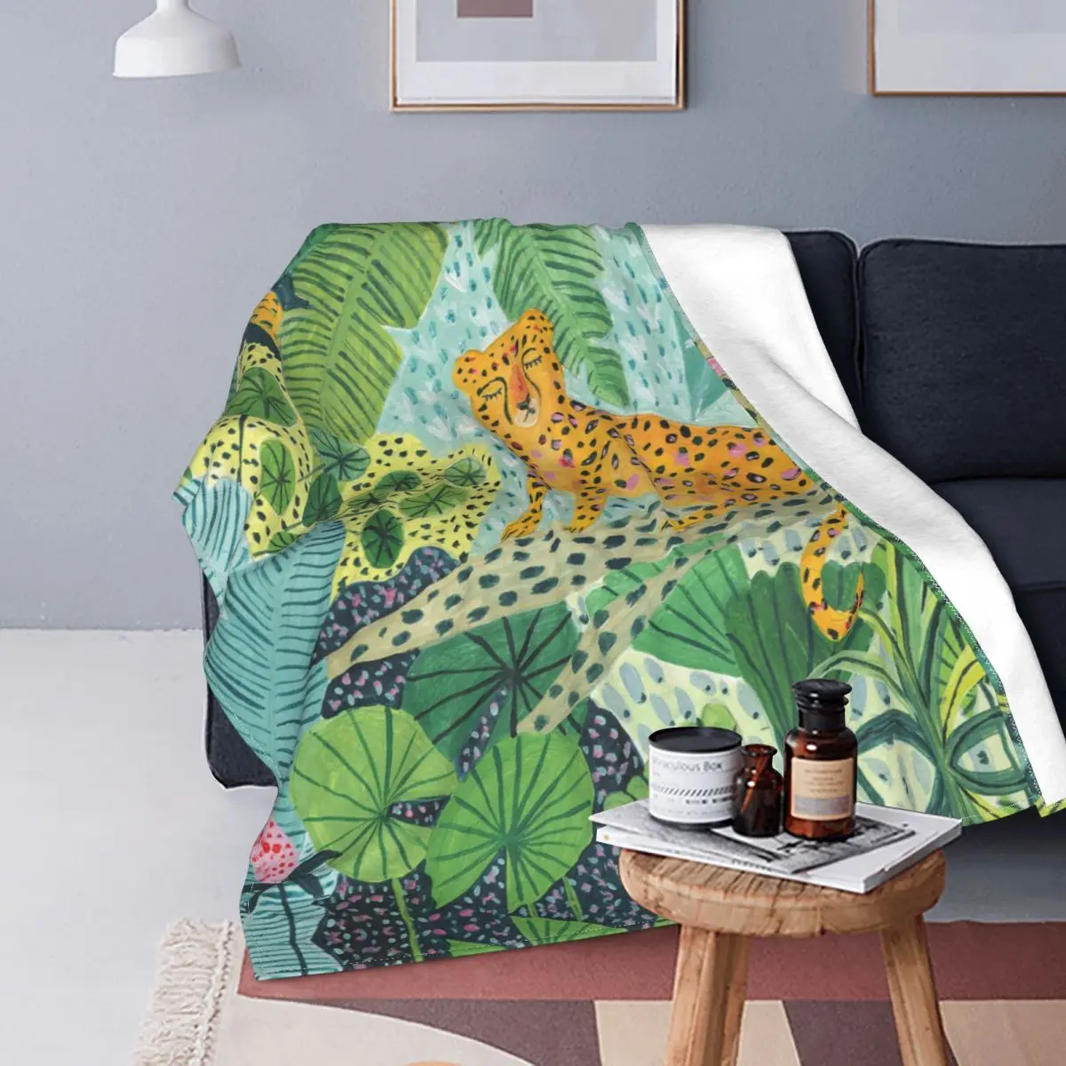 Leopard Jungle Velvet Throw Blanket Bohemian Tropical Plants Blankets for Bed Bedroom Super Warm Bedspread