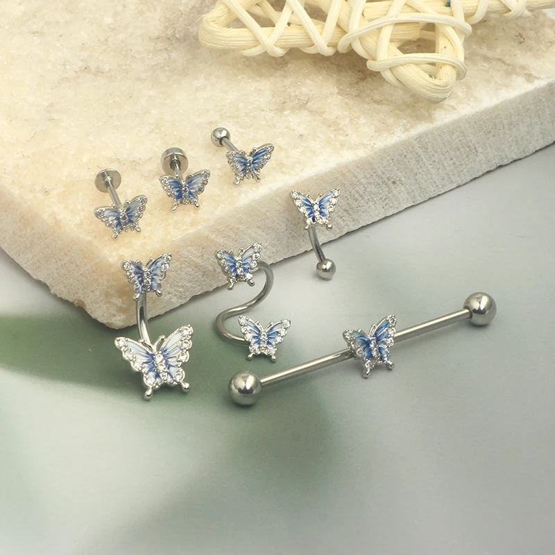 Wholesales Butterfly belly button rings Screw Flat Cartilage Earrings Stud Industrial Barbell Twist Navel Rings Eyebrow  Lip