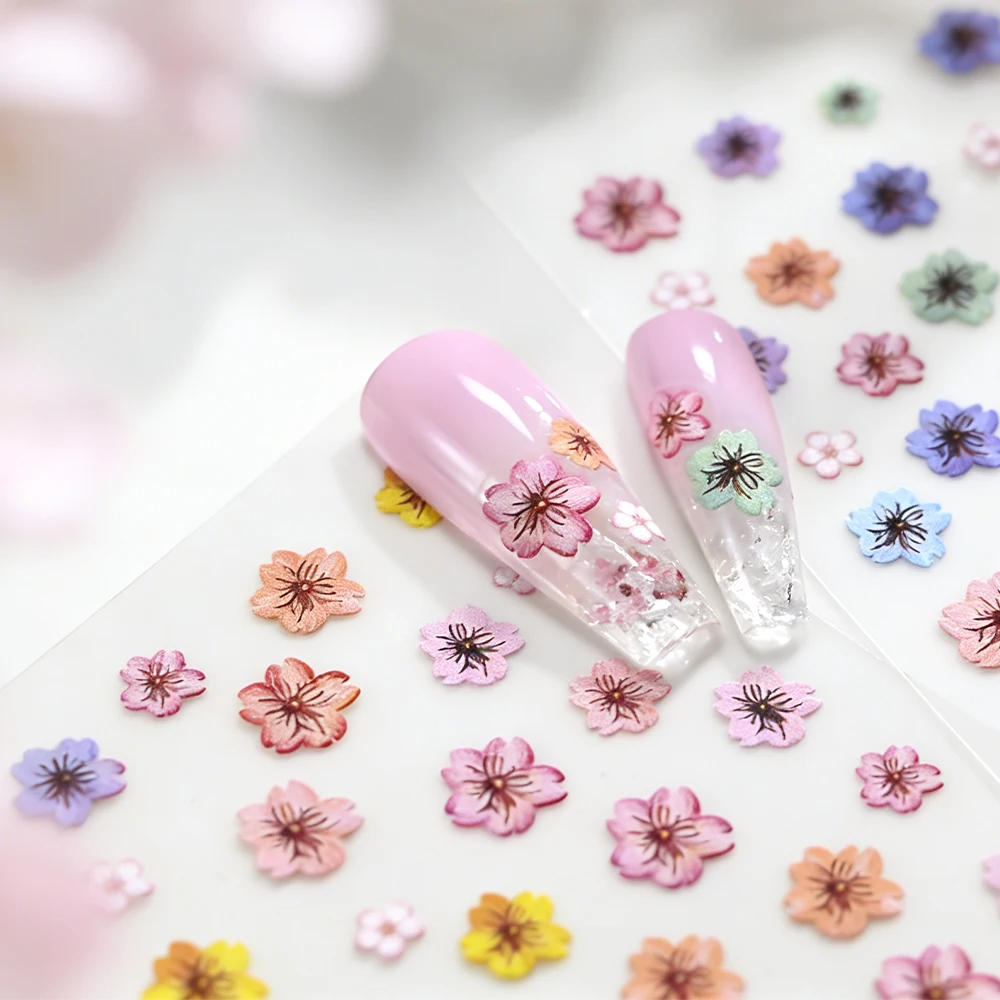 1/2Pcs 5D Multicolor Cherry Blossom Nail Stickers Gradient Sakura Self-Adhesive Nails Decals DIY Spring Floral Manicure Sliders