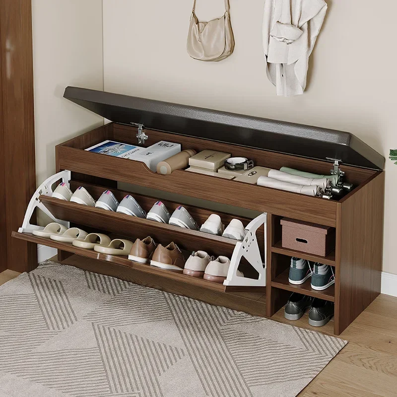 Simple shoe change stool, seated upholstered long stool at the entrance, multi-layer storage, tipping bucket, low shoe cabinet