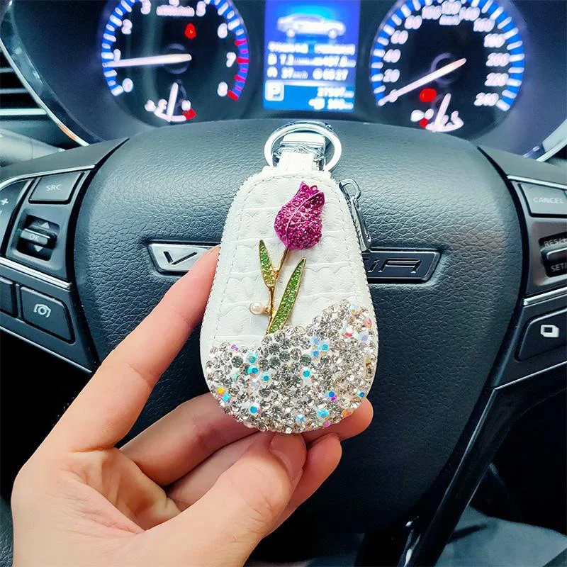 1Pc Luxury Flower Car Key Holder Storage Case Crystal Keychains Key Cover Key Bag for Car Accessories