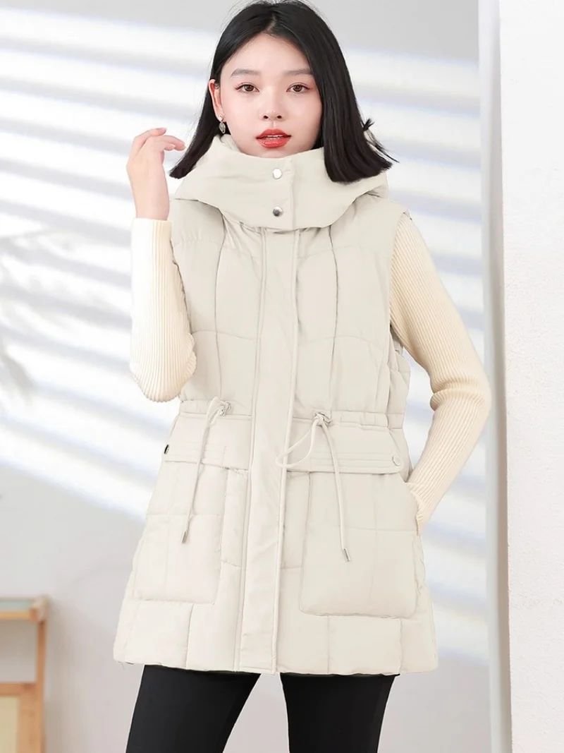 

2025 Autumn And Winter Detachable Hat Vest Women's Korean Version Slim Fit Medium Long Sleeveless Cotton Jacket Trend w662