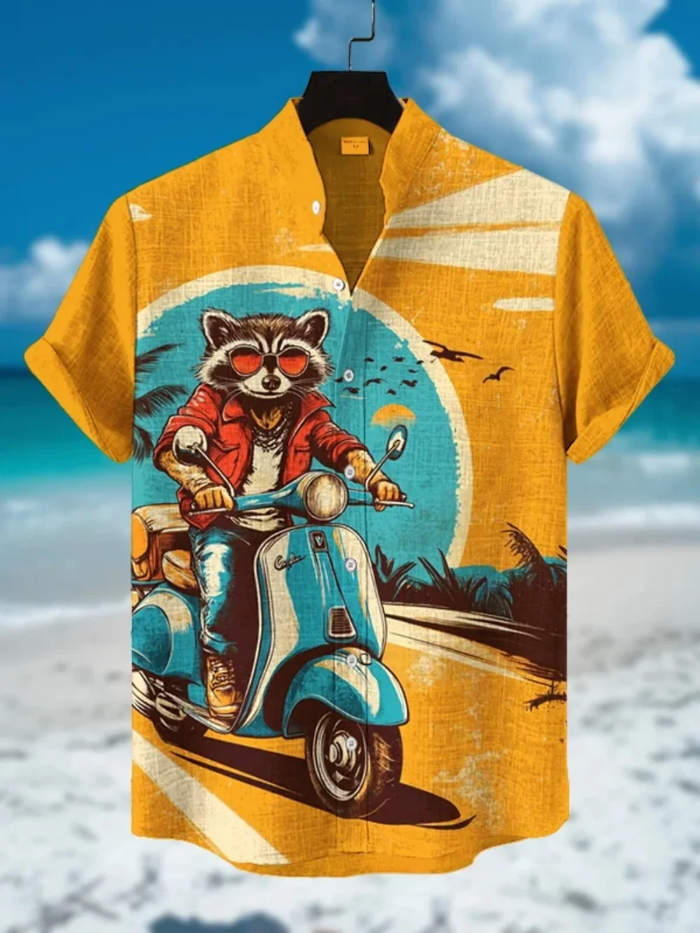 Summer 2025 Men's Linen Shirt Hawaiian Beach Short Sleeve Stand up Collar Cardigan Casual Breathable Top
