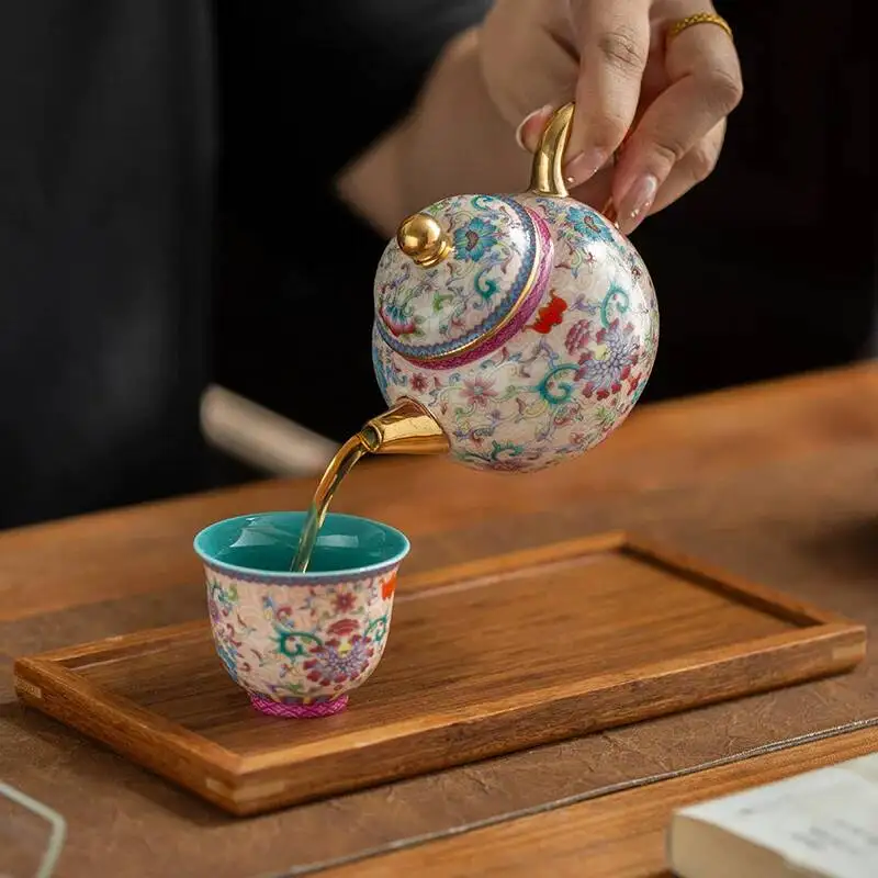 Qishi Flower Bloom In Prosperity Enamel Wide Ceramic Tea For Home Use Single Handheld Pot Gift Set