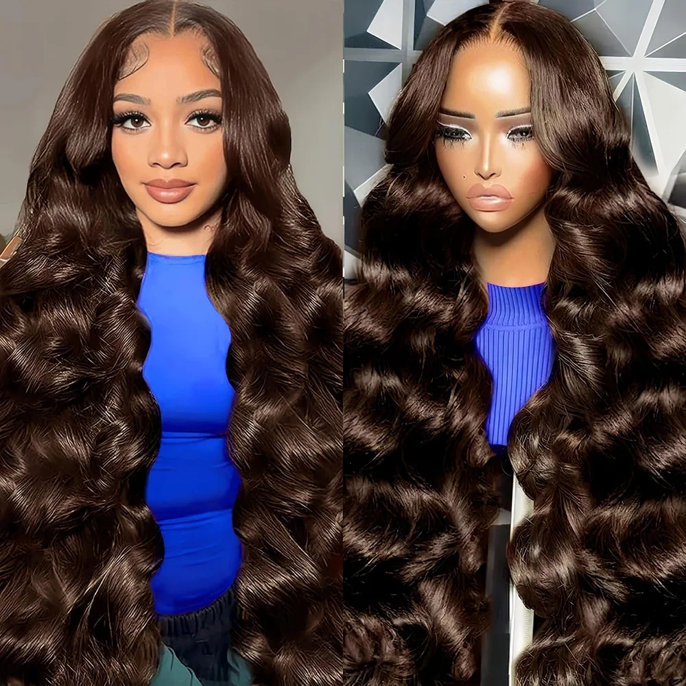 Perruque frontale en dentelle HD 13x4 13x6, cheveux humains brésiliens, brun chocolat, ondulée, pour femmes