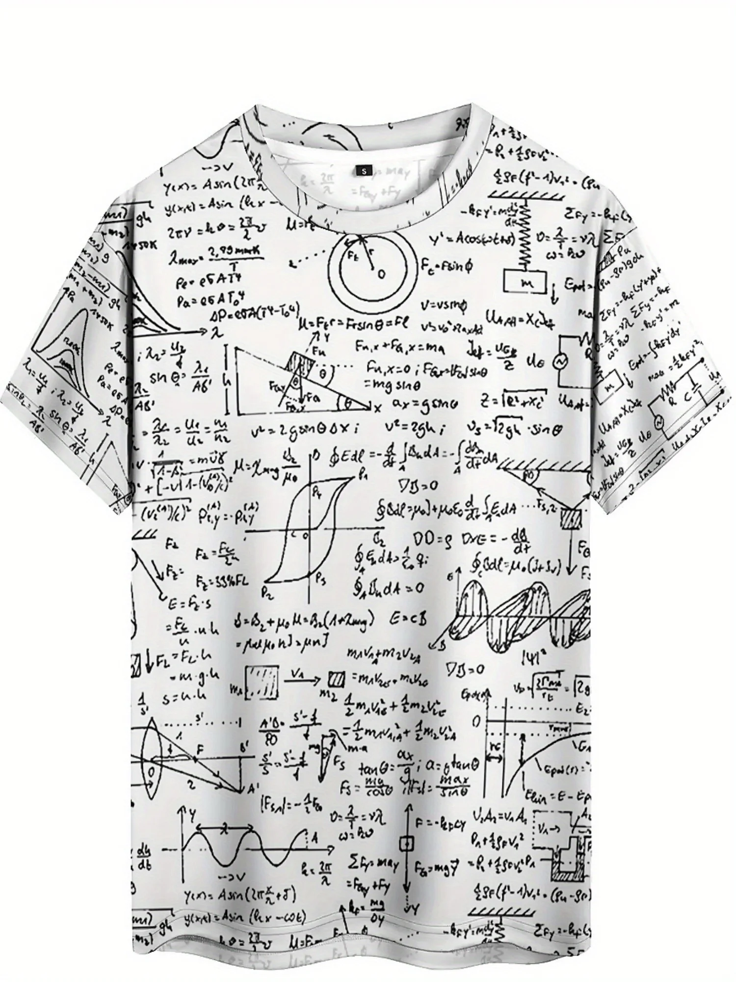 Men's 3D Geometric Print Short Sleeve T-Shirt - Soft Polyester Fabric, Round Neck, White with Black & Gray Formula Design