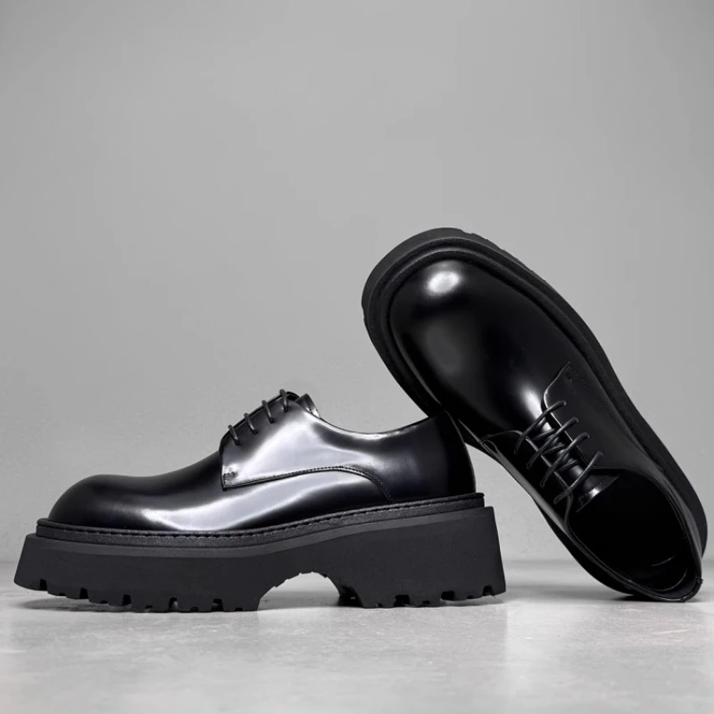 European Wide Version Derby Shoes for Men's 6cm Thick Bottom Height Increasing Shoes Genuine Leather Sewing Thread Leather Shoes