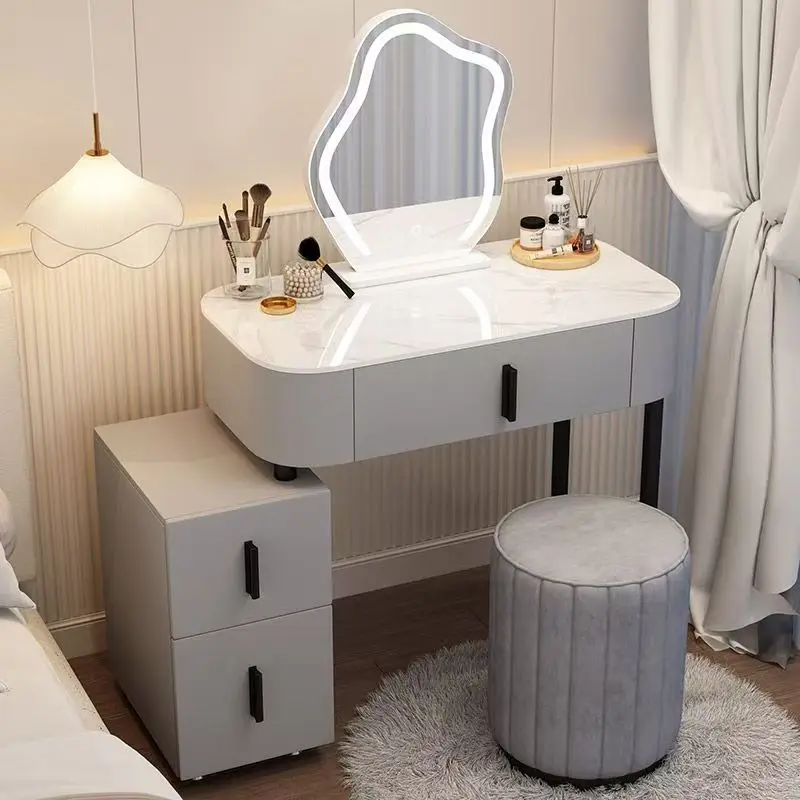 Small Modern Minimalist Luxury Stainless Steel Vanity Table Lighted Mirror Adjustable Features Bedroom Dressing Makeup Table