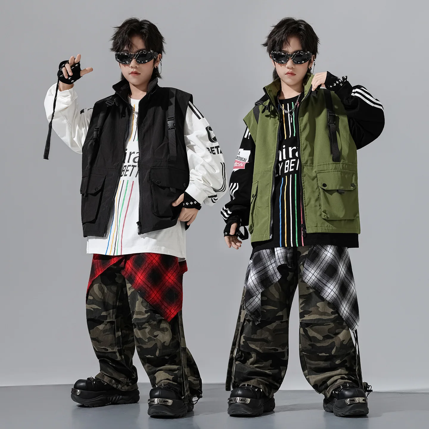 

Children Boy Girl Streetwear Fashion Loose Hip Hop Vest Pant Sets Kids Tracksuits Stage show dance Clothes Performance Costume