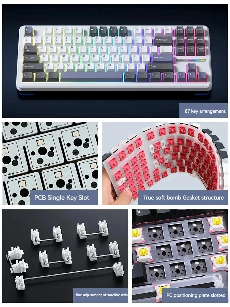 Imagem -04 - Pro Teclado Mecânico de Jogos Usb sem Fio Bluetooth Tri-modo Estrutura de Junta 87 Chave Hot Swap Rgb Pbt Gamer Original Aula-f87