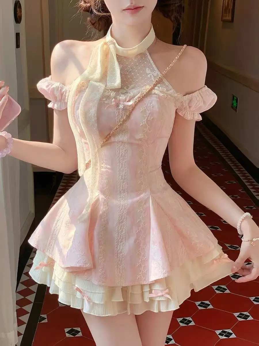French Sweet Girl Halter Neck Lace Patchwork Bow Waist Slimming Dress Elegant Soft Princess Mini Dress Summer New Collection