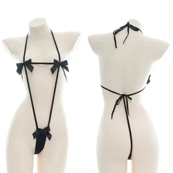 Conjunto de Micro Bikini japonés para mujer, ropa interior Kawaii con lazo, lencería Bondage, lindo traje de Stripper con Tanga