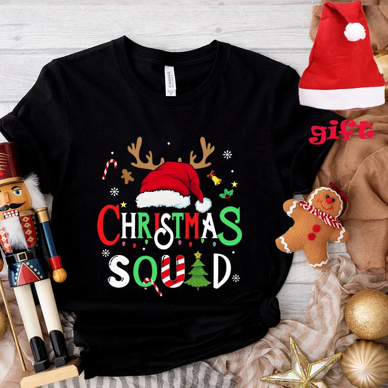 Christmas Squad Crew T Shirt Women Party Tops with Christmas Hats Fashion Santa Claus Graphic T-shirts Short Sleeve Tees