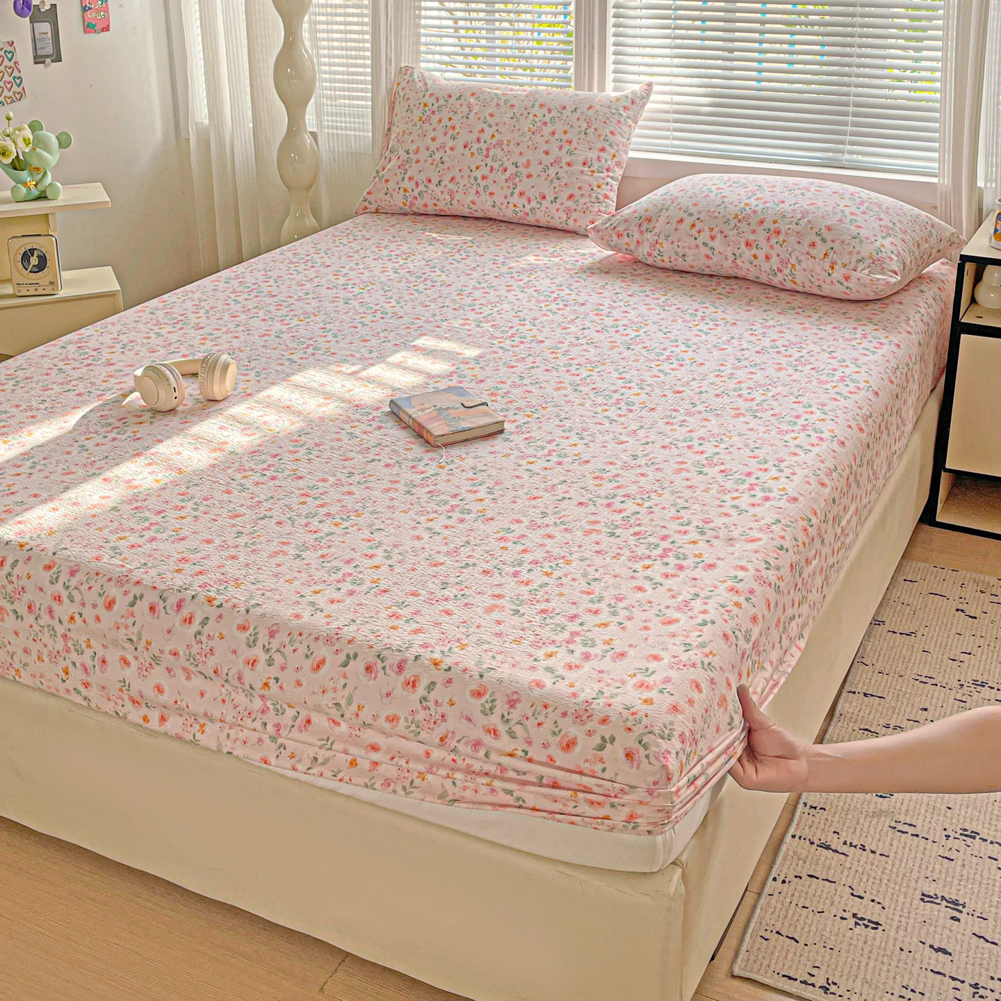 Double-layer Gauze Fitted Bed Sheet Floral Style Bed Sheet with Elastic for Adult Single/Queen/King Size lençol de cama de casal