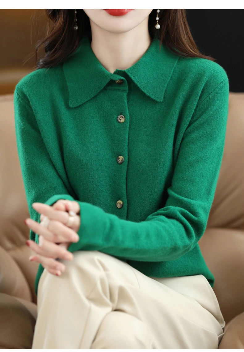 2024 Damen-Strickjacke mit POLO-Kragen, Basic, vielseitig, oben aus gesponnener Wolle, eleganter einreihiger Pullover DMR 430 – Detail 17