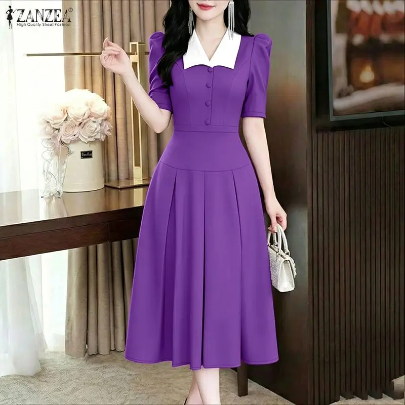 ZANZEA Elegantes Midikleid für Damen, kontrastfarben, Umlegekragen, kurze Ärmel, taillierte A-Linien-Kleider, edle Robe für den Tag und die Nacht