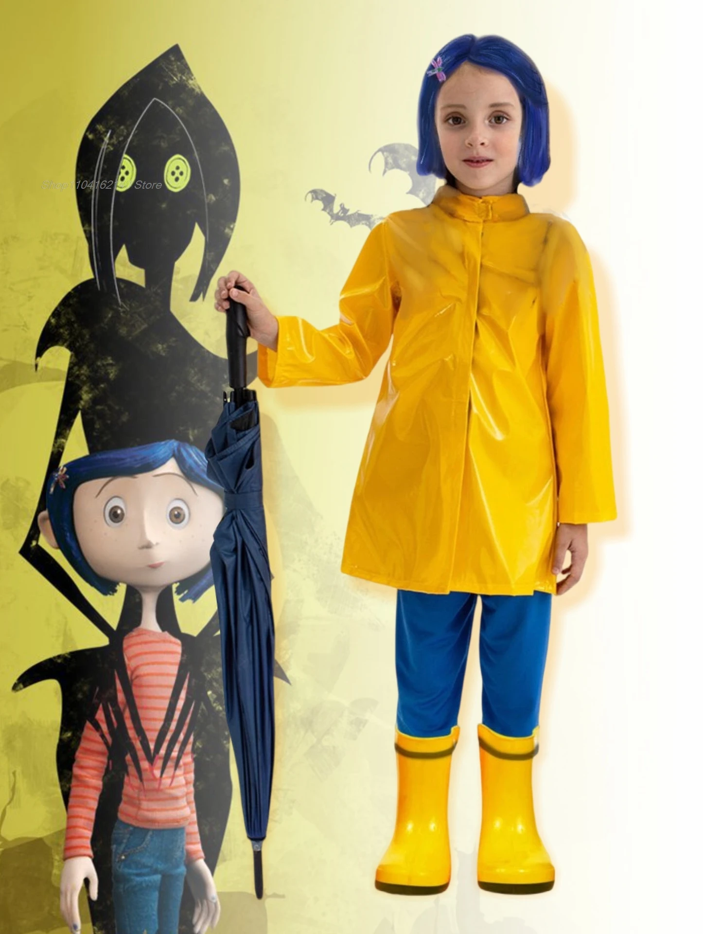 Horror Fairytale Movies Coraline Cosplay Costume Wig Yellow Coat Secret Door Adult Kid Size Halloween Party Scary Roleplay Suit