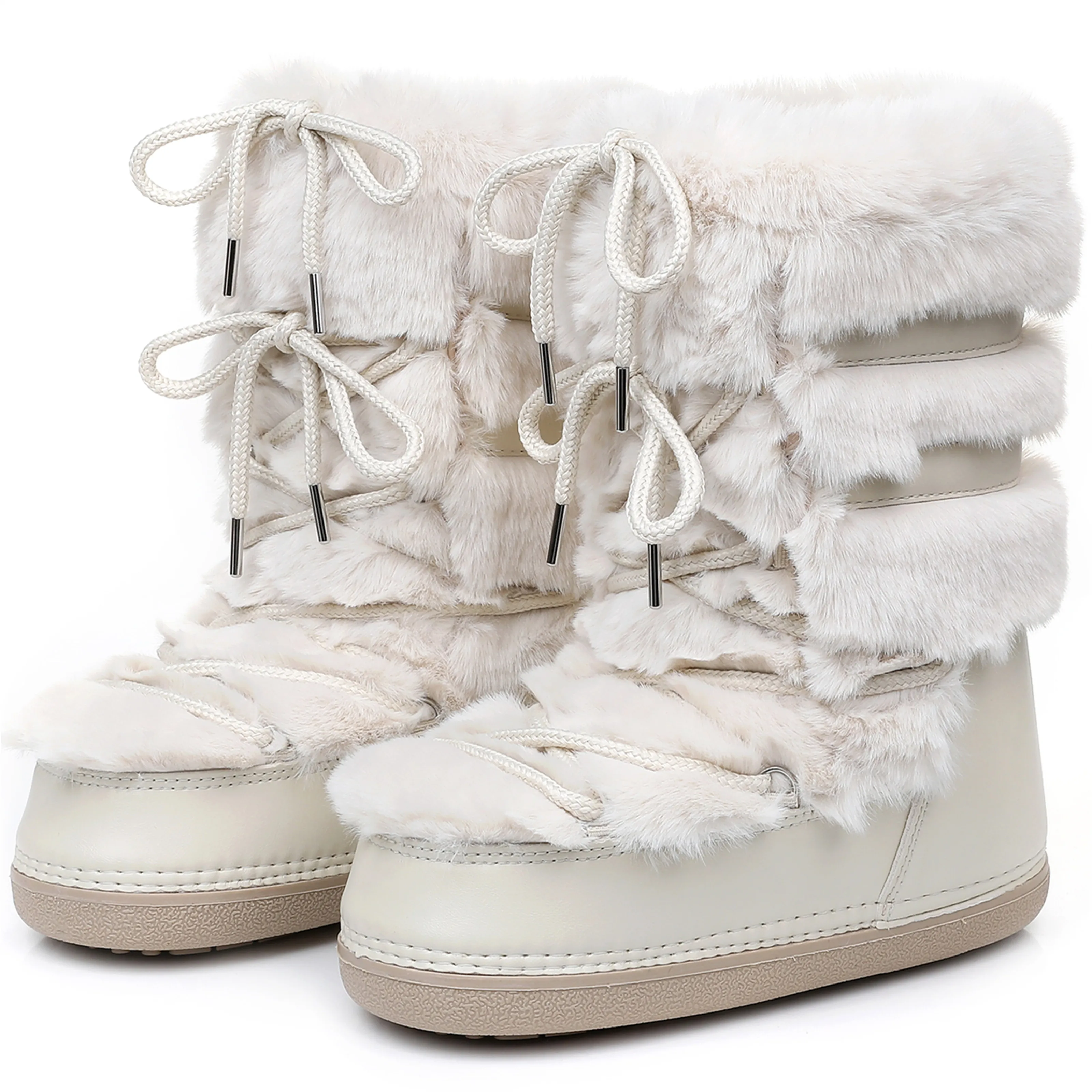 Botas de invierno blancas a media pantorrilla para mujer, botas de piel de marca de lujo, botas de nieve de piel esponjosa, botas de algodón antideslizantes de piel gruesa para mujer 2025