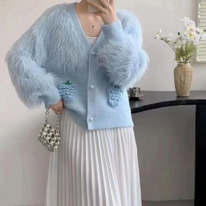 

Faux Mink V-neck Women Fluffy Sweater Cardigan Autumn Winter Tops Long Sleeve Outerwear Korean Fashion Coat Solid New