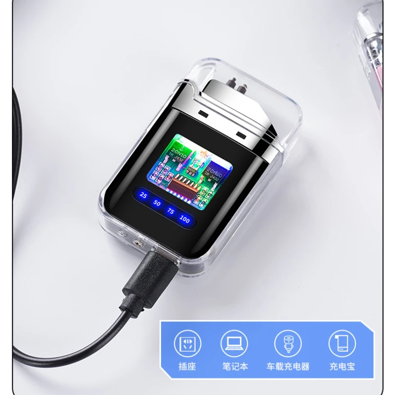 Small and Transparent Case Electronic Pulse Windproof Dual Arc Charging Lighter Color Battery Display Cigarette Lighter - Image 3