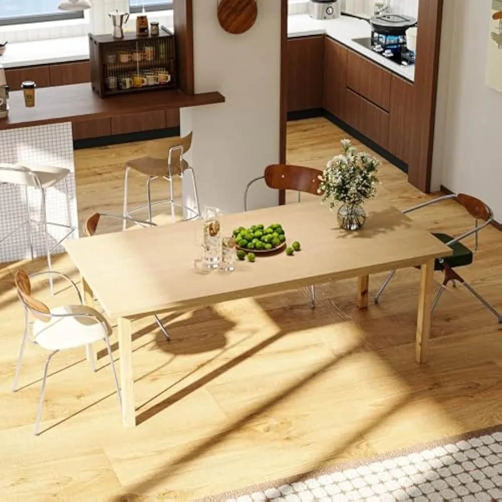 78.7 Inch Wood Dining Table for 6-8 Person, Modern Rectangle Dinner Table with Solid Wood Legs for Kitchen, Brown