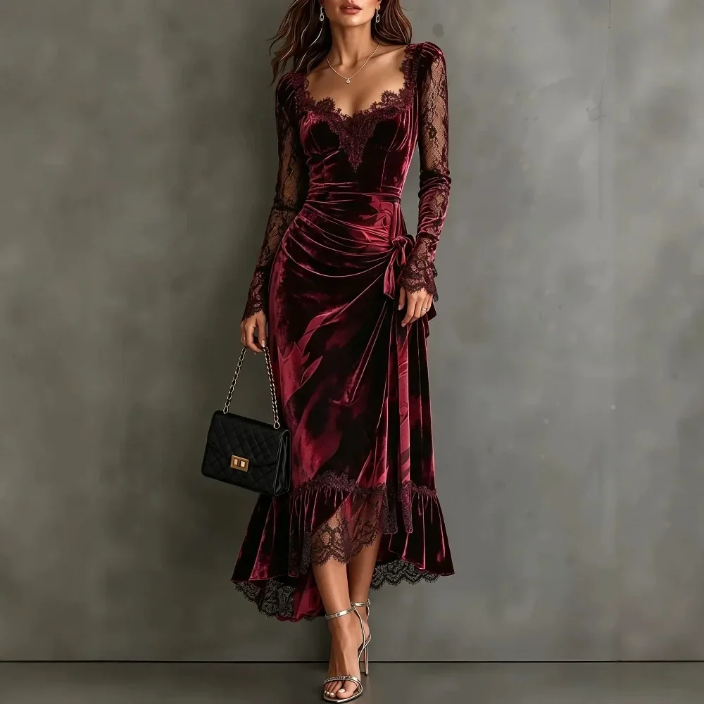 2026 European American Women Dress Square Neck Lace Long Sleeve Velvet Waist Tie Irregular Fishtail