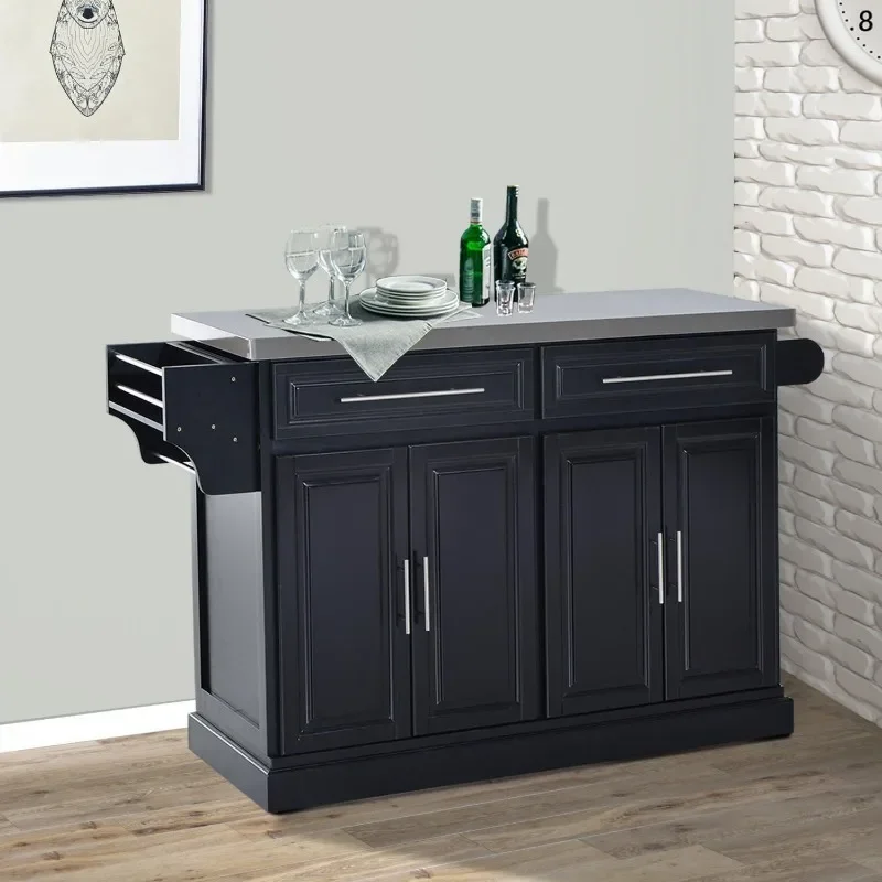 Rolling Kitchen Island with Storage, with Stainless Steel Top, 2 Drawers, Spice, Knife and Towel Rack and Cabinets, Black