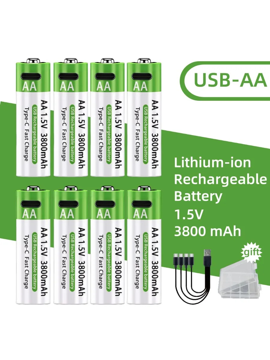 Nowe akumulatory litowo-jonowe AA 2026, 3800mAh, ładowanie USB, 1.5V, duża pojemność + kabel danych i pudełko do przechowywania, trwała wyprzedaż. — zdjęcie produktu 6