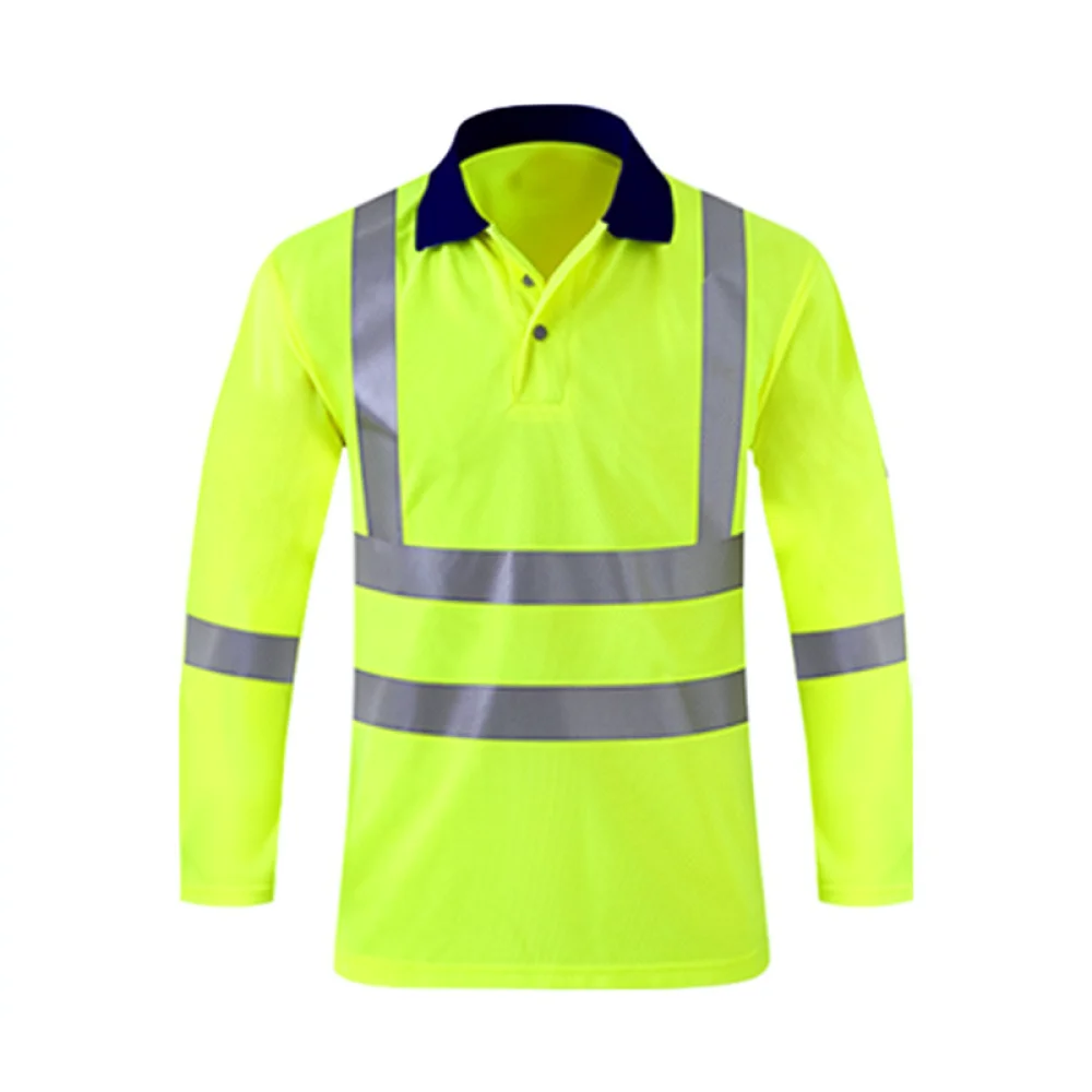 Mens Long Sleeve Safety Polo Shirt Reflective Strip High Visibility Workwear Breathable Durable Outdoor Construction Uniform