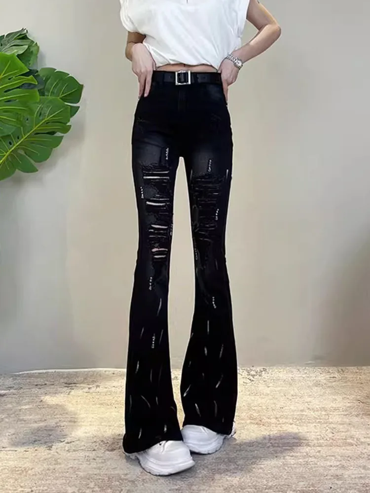 ハイウエストファッションリッピングブーツカットジーンズ女性のカジュアルスリムレトロデニムパンツヴィンテージストリートワイドレッグストレート Vaqueros