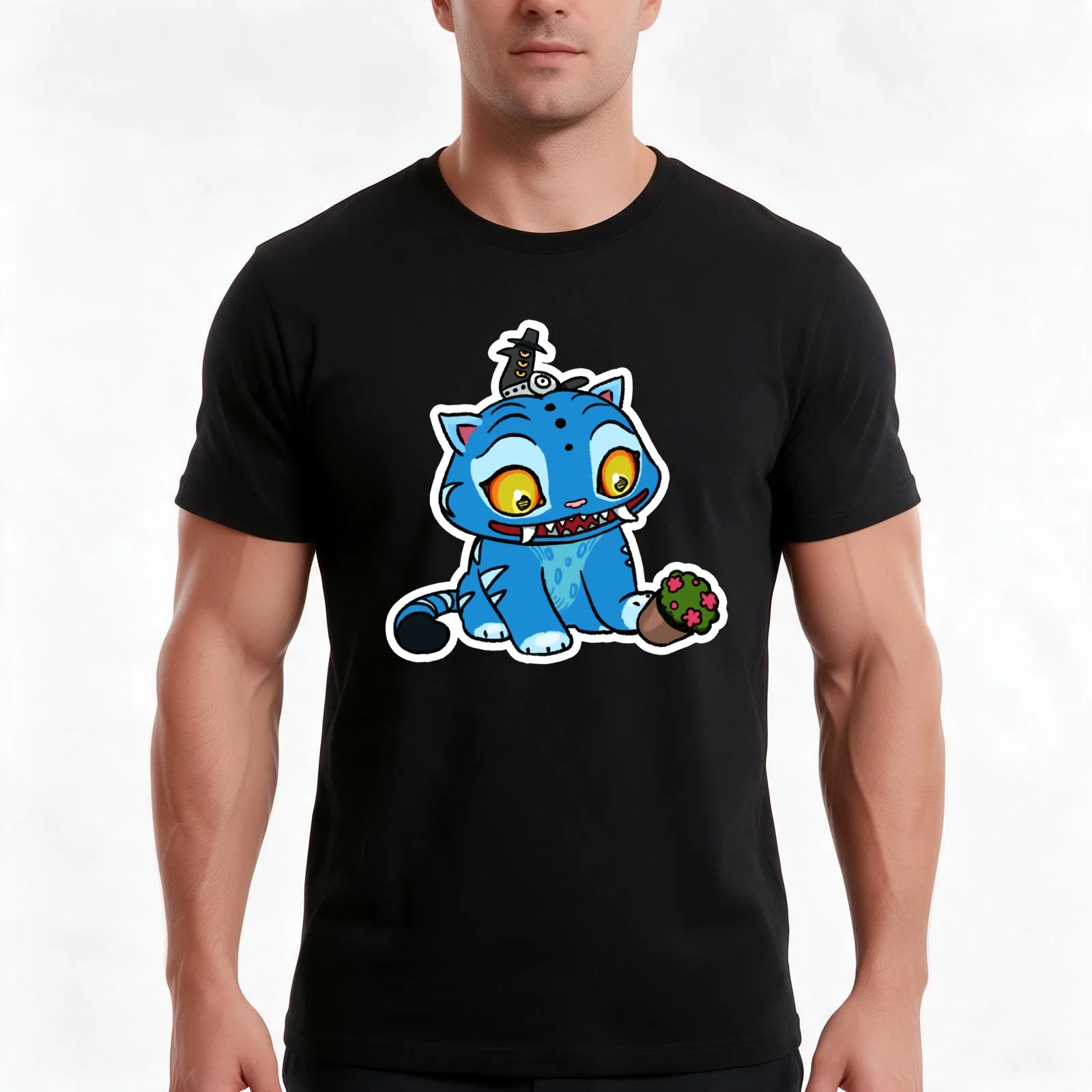 Blue tiger play with pot T-Shirt, Summer Casual Cotton Tee, Oversized Streetwear Tops, Vintage Graphic Print, Unisex Men Women